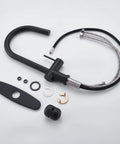 Matte Black Kitchen Faucet With Pull Down Sprayer parts laid out, showing modern stainless steel design and components