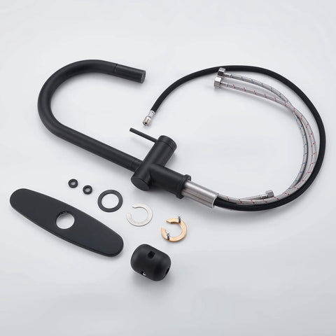 Matte Black Kitchen Faucet With Pull Down Sprayer parts laid out, showing modern stainless steel design and components