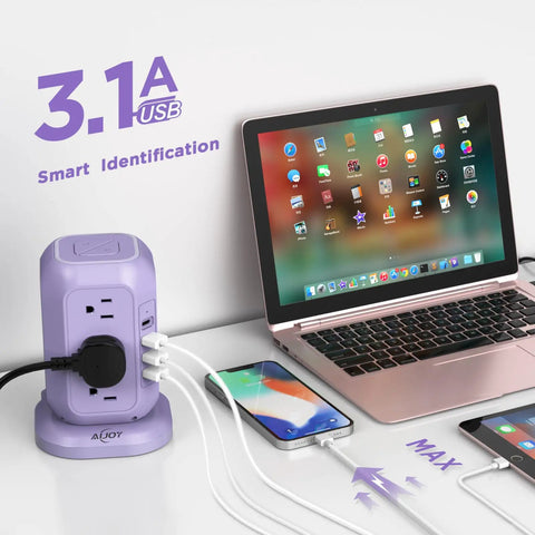 16 In 1 Power Strip Tower With 12 AC Outlets And 4 USB Ports 10 Ft Extension Cord Overload Protection charging laptop and phone