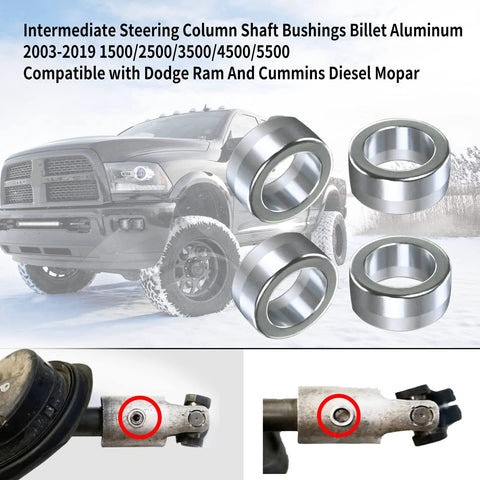 Front collage: four Vsttar steering shaft bushings, 6061 aluminum, for Dodge Ram 5.9/6.7 Cummins Mopar.
