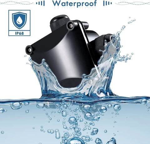 Outdoor IP66 Waterproof Junction Box Kit Of 4 With 3 Way Cable Connectors for 6mm to 10.2mm Cables, submerged in water.