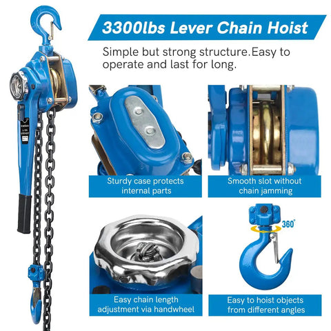 Heavy Duty Workhorse Manual Lever Hoist 3300 Lbs Load Capacity 20 Ft Chain Come Along Ratchet Puller With Rotary Hooks showcasing features