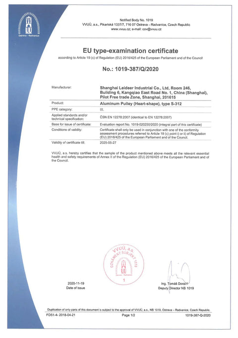 EU type-examination certificate for Shanghai Leider Industrial Co., Ltd. product, including details of certification validity.