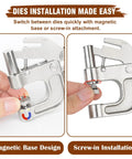 Demonstration of magnetic base design and screw-in installation for Pro Grade Leather Rivets Snap Buttons And Fasteners Kit With Tool 40 Sets 15MM Button Snaps And 160 Rivets 4 Color Metal Snaps For Leather Craft Denim Jeans Jackets Repair And DIY Fashion Projects.