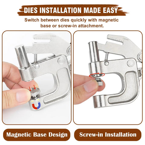Demonstration of magnetic base design and screw-in installation for Pro Grade Leather Rivets Snap Buttons And Fasteners Kit With Tool 40 Sets 15MM Button Snaps And 160 Rivets 4 Color Metal Snaps For Leather Craft Denim Jeans Jackets Repair And DIY Fashion Projects.