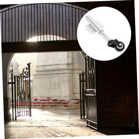 Heavy Duty Spring Loaded Gate Roller Caster For Smooth Sliding Fence Wheels Universal Support Units shown beside a gate.