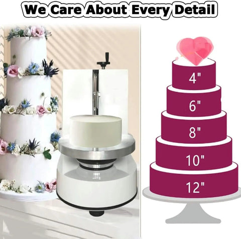 Portable Automatic Cake Icing Smoothing And Decorating Machine Electric Icing Tool with tiered cake diagram and floral display
