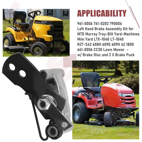 Left Hand Brake Assembly Kit with Brake Disc and 2 Pucks for MTD Murray Troy-Bilt Yard Machines Lawn Mowers, showcased on tractors.
