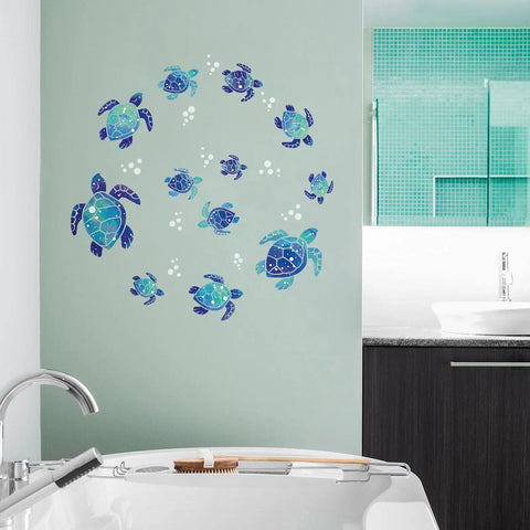 Bathroom wall with Dope 3D Sea Turtle Wall Decals With Ocean Grass And Seaweed Stickers, featuring vibrant sea turtles and bubbles.