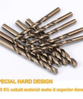 Cobalt Drill Bit Set 115 Pc Pro Grade Heavy Duty High Speed Steel M35 With Durable Round Shank For Hardened Steel Wood Plastic Sheet Metal Includes Metal Index Storage Box displayed in close-up.