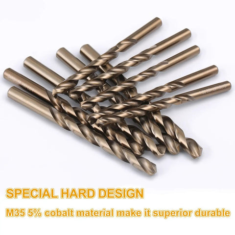 Cobalt Drill Bit Set 115 Pc Pro Grade Heavy Duty High Speed Steel M35 With Durable Round Shank For Hardened Steel Wood Plastic Sheet Metal Includes Metal Index Storage Box displayed in close-up.