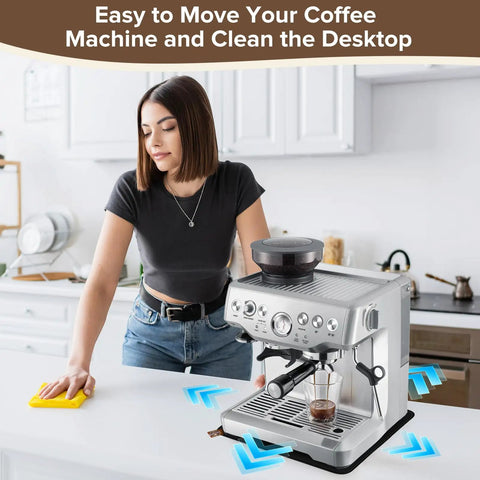 Dual Sided Sliding Mat With Anti Slip Top And Smooth Bottom For 870XL Espresso Machine on kitchen counter with woman cleaning