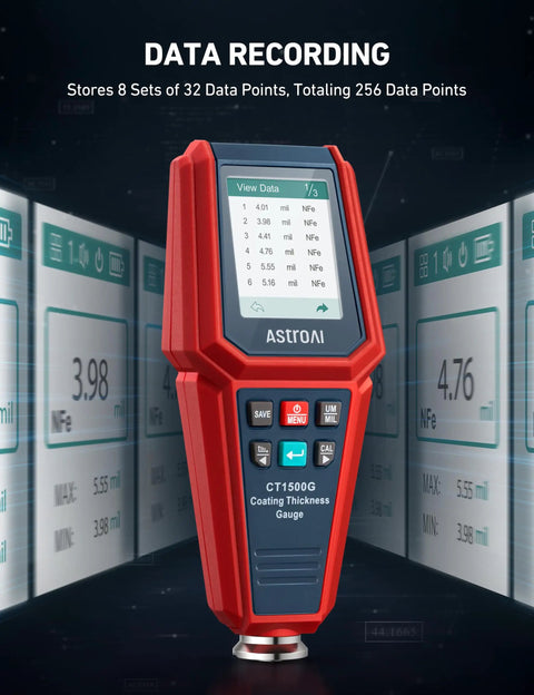 Paint Thickness Gauge With Automatic Detection And 0.01μm Resolution For Ferrous And Nonferrous Coatings On Metal Surfaces, Wide Coating Compatibility, Fast Digital Readout, Durable Handy Tool For Pros showing data recording screen