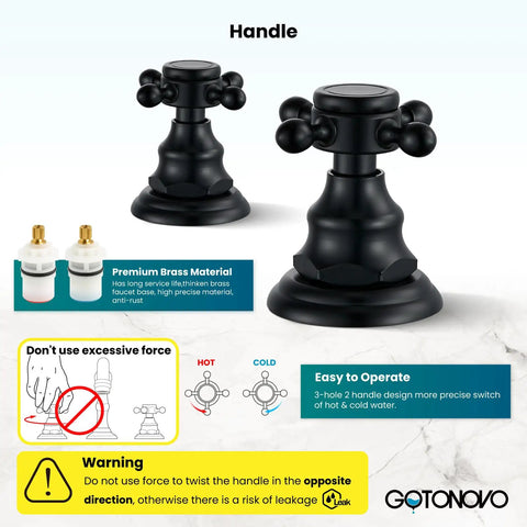 Handle details of 3 Hole Widespread Matte Black Bathroom Faucet With Double Cross Handles Deck Mount Vanity Sink Mixer Tap For Hot And Cold Water Matching Pop Up Drain Vintage Boss Look.