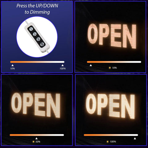 30x10 Inch LED Open Sign For Business With Boss Level Brightness, Dimmable And Three Modes, Warm White 3000K, dimming control