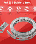 Do It Yourself Adjustable Stainless Steel Hose Clamp Kit With 9.8 Ft Worm Gear Band And 6 Heavy Duty Fasteners on red background