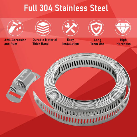 Do It Yourself Adjustable Stainless Steel Hose Clamp Kit With 9.8 Ft Worm Gear Band And 6 Heavy Duty Fasteners on red background