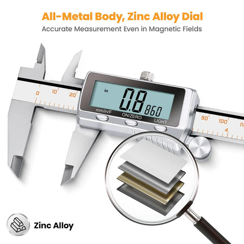 8 Inch Digital Caliper With Rechargeable Battery All Metal Micrometer Backlit LCD display with zinc alloy material illustration