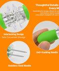 Close-up of interlocking corn on the cob holders with silicone handles, showing stainless steel needles and storage design.