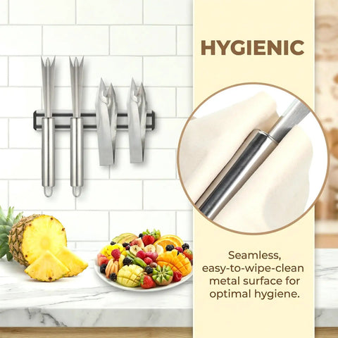 Heavy Duty Stainless Steel Pineapple Eye Remover Tool Set With Eye Clip And V Shape Cutter Knife mounted on kitchen wall
