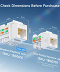 Standard and slim-profile Cat6 keystone jacks with dimensions, SKU 180005 and 180070, for 25 Pack Cat6 Keystone Jacks 10Gbps RJ45 Ethernet.