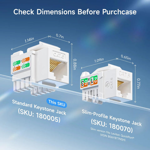 Standard and slim-profile Cat6 keystone jacks with dimensions, SKU 180005 and 180070, for 25 Pack Cat6 Keystone Jacks 10Gbps RJ45 Ethernet.