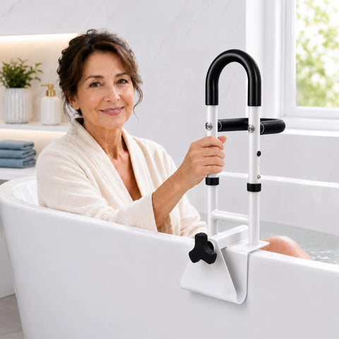Heavy Duty Bathroom Safety Grab Rail For Seniors With No Fuss Snaps Right Onto 3.4 To 6.6 Inch Walls Rust Resistant Steel Bar Keeping You Secure Without Drilling Trouble in use with a woman in a bathtub.