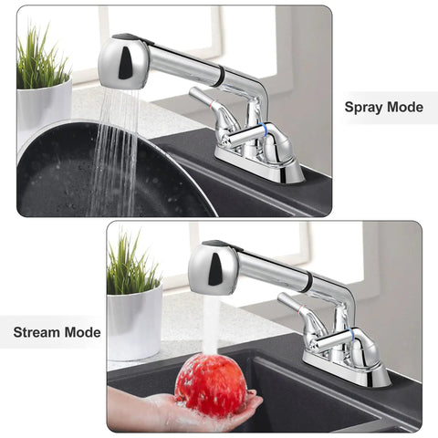 Laundry Room Sink Faucet With Pull Out Sprayer 4 Inch Centerset 3 Hole Install Chrome Finish Non Metallic Body 1.8 GPM Flow Easy Reach Spray For Laundry Tub And Utility Sink, in spray and stream mode