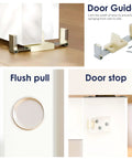 Close-up of components in the 60 Inch Bypass Sliding Door Hardware Kit for Closets and Living Spaces, including door guide, flush pull, door stop.