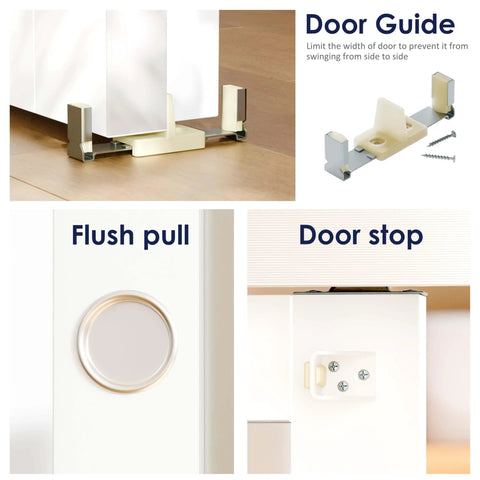 Close-up of components in the 60 Inch Bypass Sliding Door Hardware Kit for Closets and Living Spaces, including door guide, flush pull, door stop.