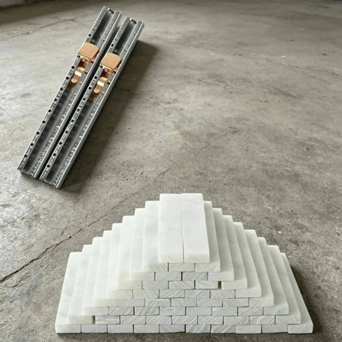 Stacked soapstone blocks and rulers for Industrial Marking Pencil And Soapstone Marker For Metal Fabrication, Heat Resistant Chalk Pro Grade.