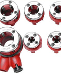 DIY Pro Friendly Ratchet Pipe Threader Kit With 6 Dies 1/4 to 1-1/4 Inch including various die sizes for steel and plastic pipes.