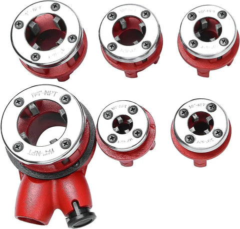 DIY Pro Friendly Ratchet Pipe Threader Kit With 6 Dies 1/4 to 1-1/4 Inch including various die sizes for steel and plastic pipes.