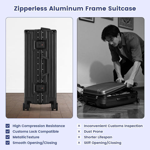 Faqy Z 20-inch aluminum zipperless hard-shell carry-on suitcase; black, upright with spinner wheels and open-packing view.