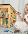 Outdoor Library Book Box With Double Shelf For Book Swapping And Sharing Weatherproof Little Library Cabinet With Shatterproof Clear Door Easy Mount DIY Wooden Storage For Neighborhoods And Schools featuring colorful animal designs and books visible inside.