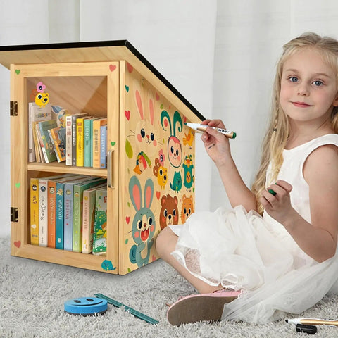 Outdoor Library Book Box With Double Shelf For Book Swapping And Sharing Weatherproof Little Library Cabinet With Shatterproof Clear Door Easy Mount DIY Wooden Storage For Neighborhoods And Schools featuring colorful animal designs and books visible inside.