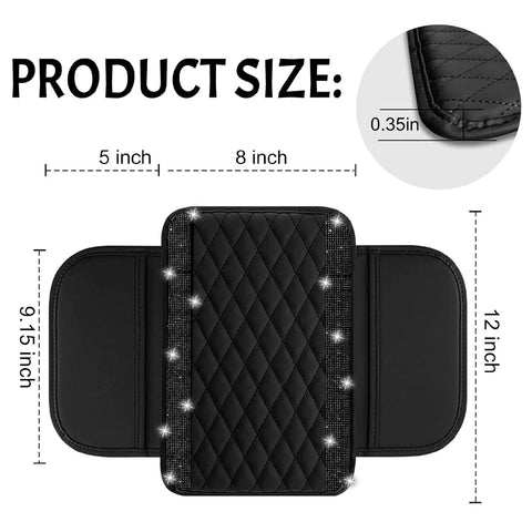 Fresh Universal Leather Center Console Cover With Chic Bling Accents And Handy Dual Storage Pouches To Keep Your Daily Driver Interiors Slick And Fully Organized In Modern Black, showing product dimensions of 12x8 inches.
