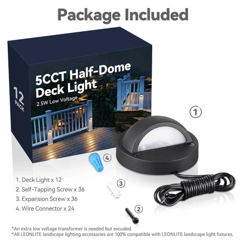 12-Pack Low Voltage LED Deck Lights With 5 CCT Settings, box and components displayed, including light and cord