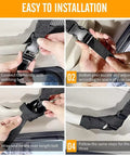 Installation steps for Heavy Duty Car Ceiling Cargo Net For Tesla Cybertruck showing webbing belt adjustments and buckling.