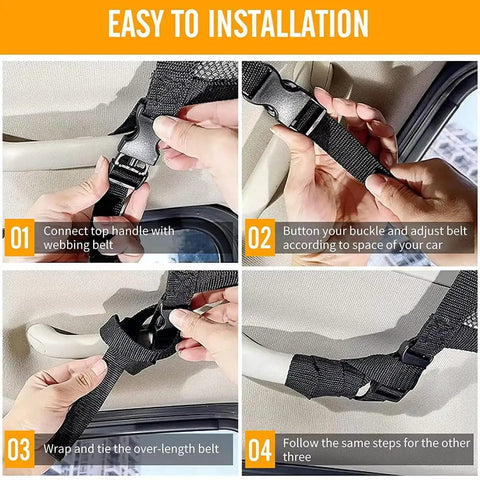 Installation steps for Heavy Duty Car Ceiling Cargo Net For Tesla Cybertruck showing webbing belt adjustments and buckling.