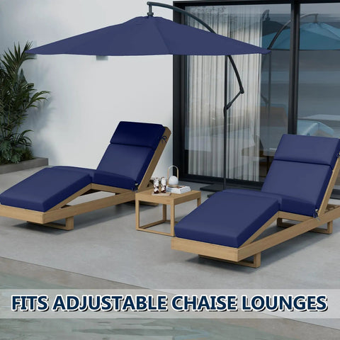 Two Pack Chaise Lounge Cushions Outdoor 72 By 21 By 4 Inches Waterproof Fade Resistant Thick Foam installed on wooden loungers