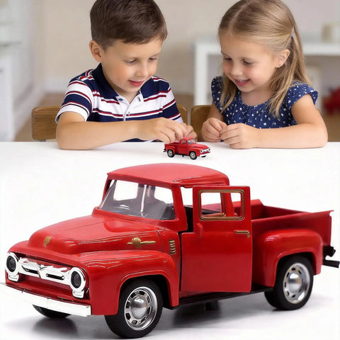 Children playing with Red Pickup Truck Toy For Kids And Fam Doubles As Holiday Mantel And Table Decor A Pull And Go Vehicle That Becomes A Charming Farmhouse Winter Centerpiece With Free Small Tree