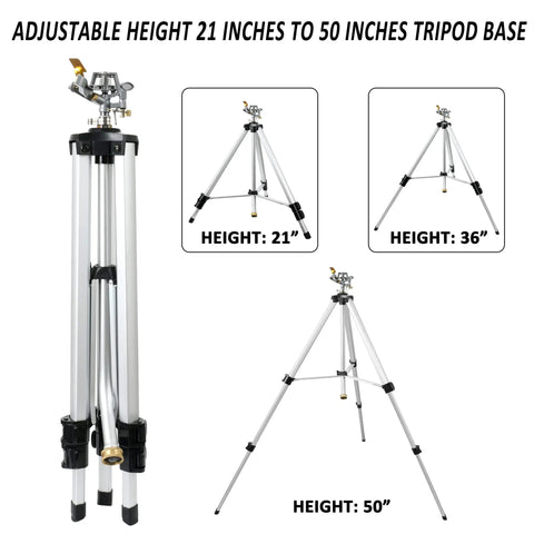 Heavy Duty Impact Sprinkler On Tripod Base With Extra Tall Pulsating Metal Sprinkler For Large Yards And Gardens Telescoping Legs Waters Up To 90 Ft Diameter Durable Tripod System, adjustable height 21 to 50 inches