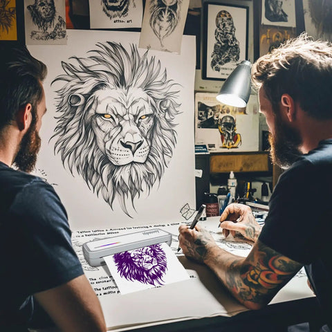 Artists using Fly Portable Thermal Printer Bluetooth Wireless Inkless Home Office Travel Buddy for tattoo sketches.