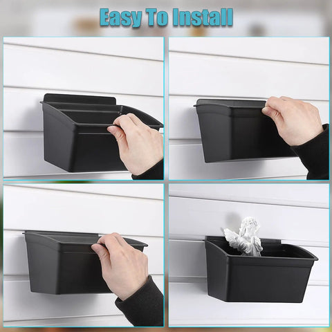Four black Six Pack Slatwall Storage Bins for Garage and Workshop installed on a white slatwall panel.
