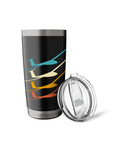 Insulated Stainless Steel Tumbler For Soaring Club Glider Pilots And Tow Crew with colored glider design on black background, lid beside