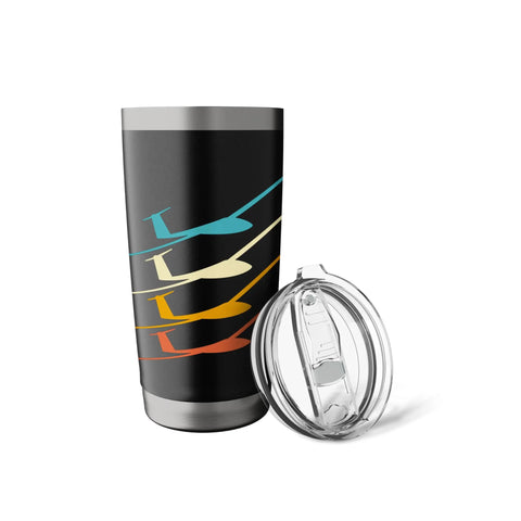 Insulated Stainless Steel Tumbler For Soaring Club Glider Pilots And Tow Crew with colored glider design on black background, lid beside