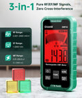 Close-up of a 3 In 1 EMF Detector For EF MF And RF And WiFi Radiation Readings on a table showing RF, EF, MF measurement ranges.