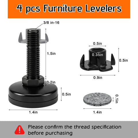 Beefy Heavy Duty Furniture Leveling Feet Set For Tables Cabinets Sofas And Dressers, Adjustable 3/8-16 Threaded Levelers