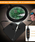 Magnetic Pro Grade Helping Hands Soldering Station with 3X Magnifying Lamp, showing circuit board under magnification and flexible arms